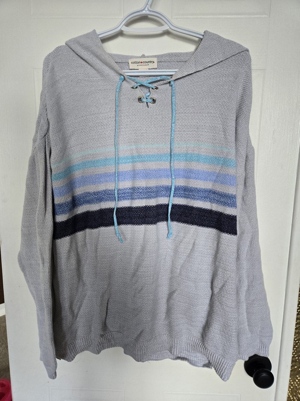 Gray Knit Hoodie Sweater with Blue Stripe Accents